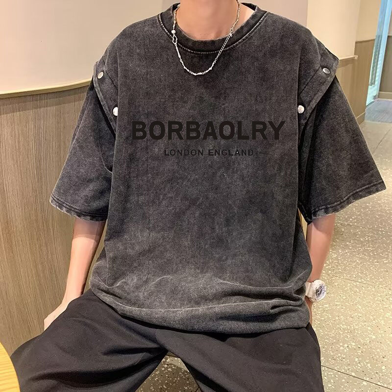 Vintageowa odpinana koszulka z krótkim rękawem męska luźna ciężka bawełna z efektem sprania kwasowego koszulka top letni trend markowe koszulki