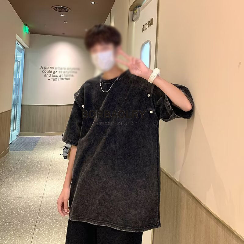 Vintageowa odpinana koszulka z krótkim rękawem męska luźna ciężka bawełna z efektem sprania kwasowego koszulka top letni trend markowe koszulki