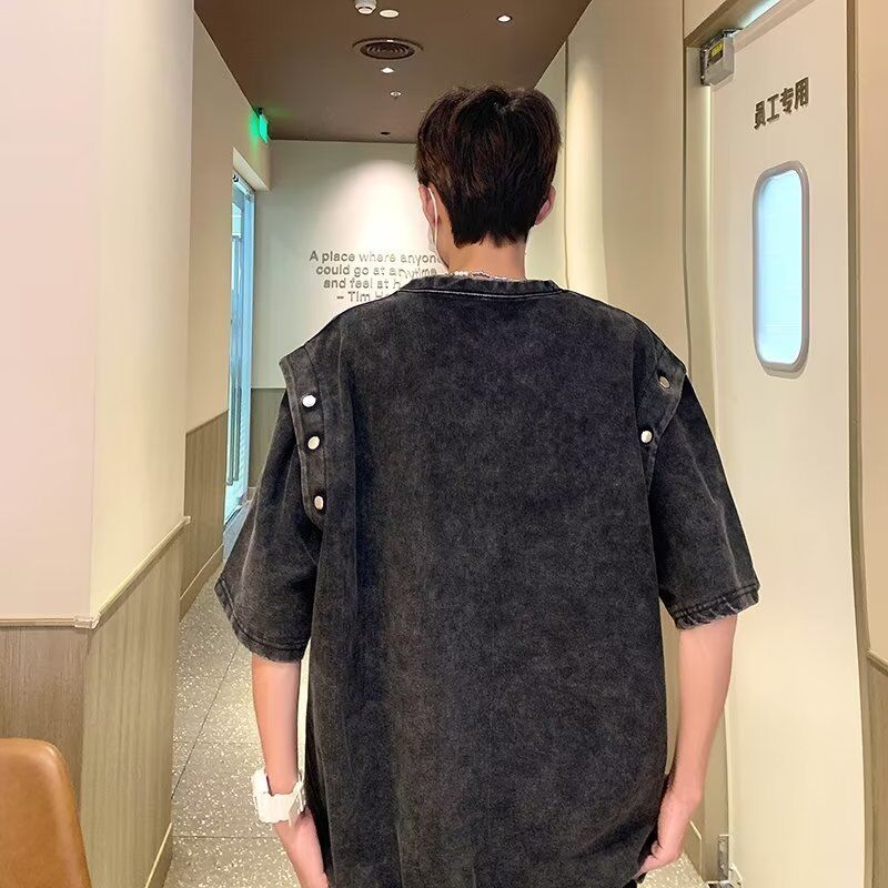 Vintageowa odpinana koszulka z krótkim rękawem męska luźna ciężka bawełna z efektem sprania kwasowego koszulka top letni trend markowe koszulki