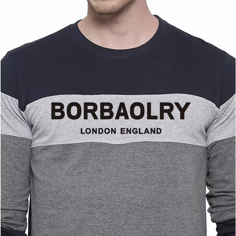 Jesienno-zimowa męska koszulka z okrągłym dekoltem, w dużych rozmiarach, z blokami kolorów, cienka, z długim rękawem